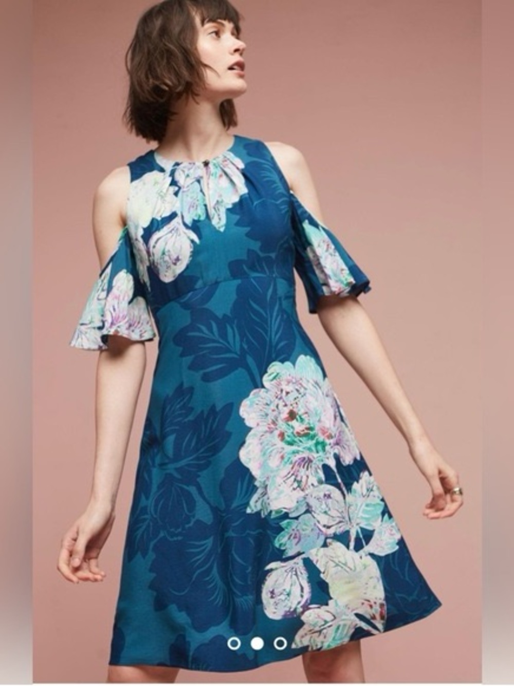Maeve Teal Floral Cold-Shoulder Midi Dress